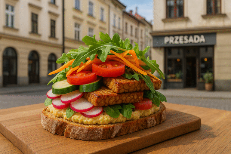 Sycąca wegańska kanapka w kawiarni PRZESADA w Krakowie